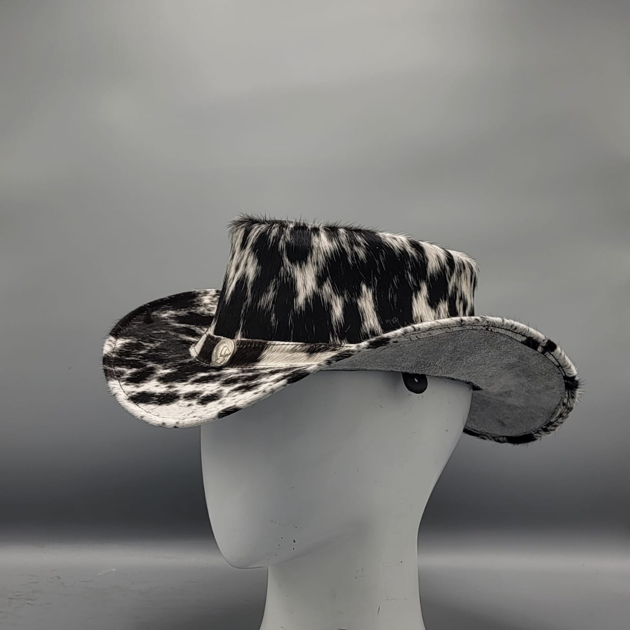 Black and White Cowhide Pattern Genuine Leather Western Cowboy Hat with Cowhide Pattern - Style 104 side angle