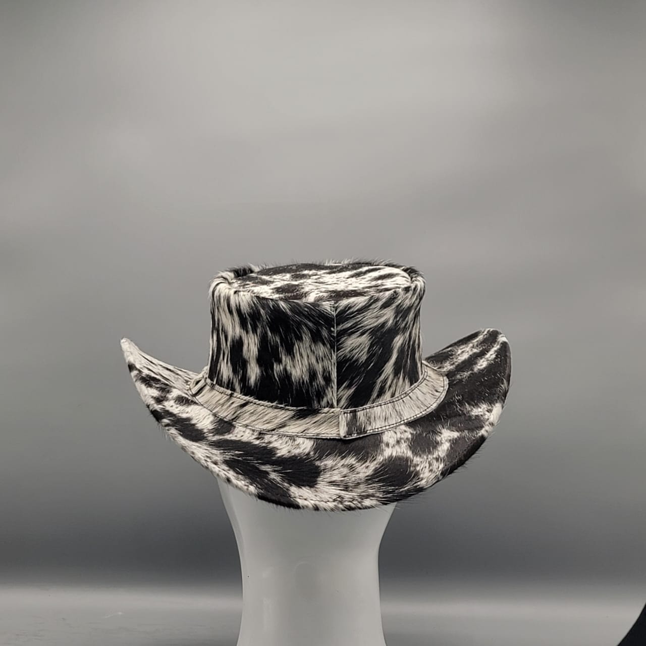 Black and White Cowhide Pattern Genuine Leather Western Cowboy Hat with Cowhide Pattern - Style 104 detail view