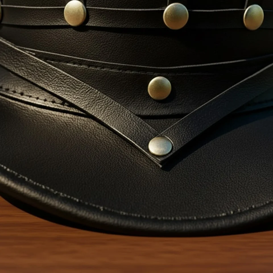 Black Handmade Leather Festival Top Hat Style 006 detail view - black costume top hat with structured crown