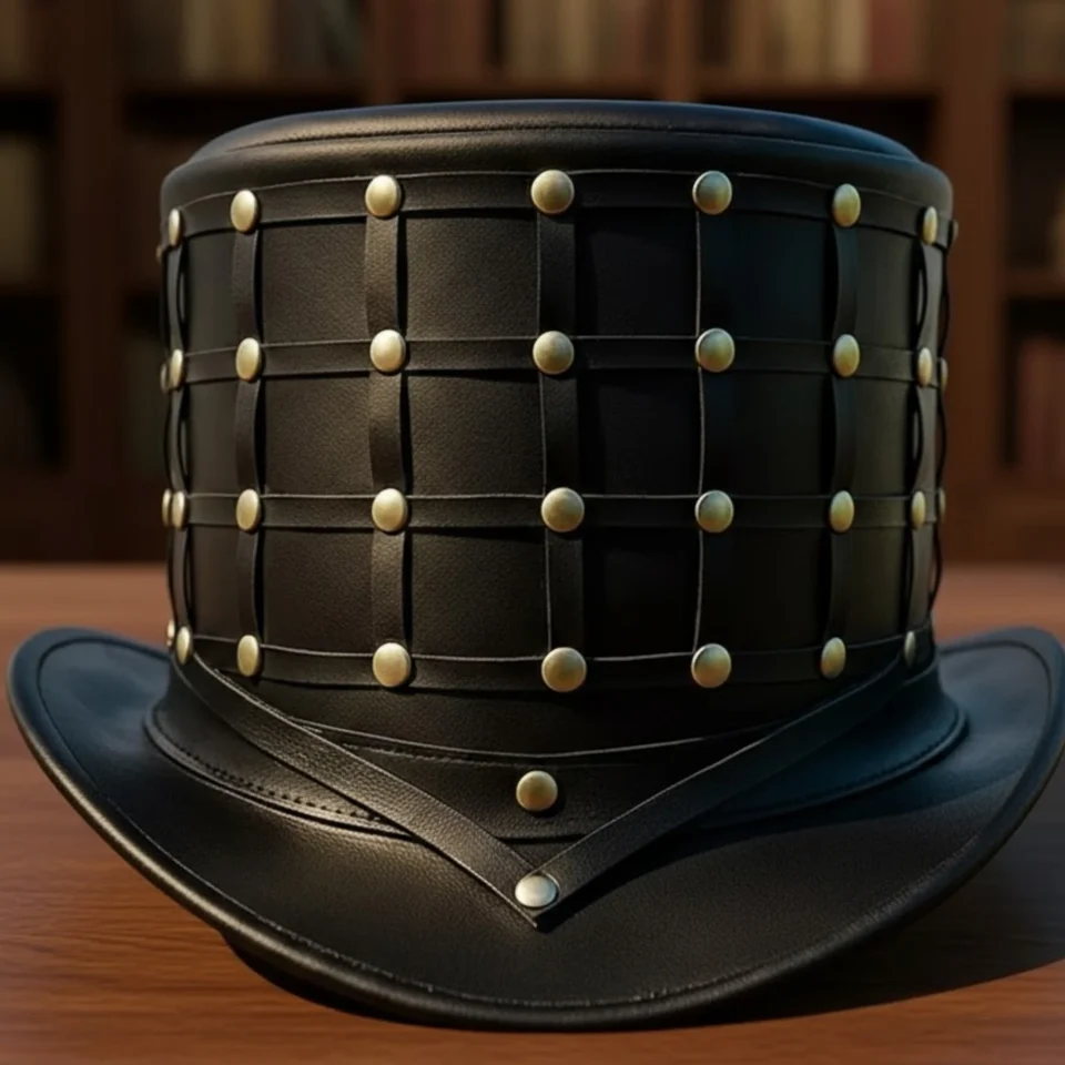 Black Handmade Leather Festival Top Hat Style 006 front view - black costume top hat with structured crown