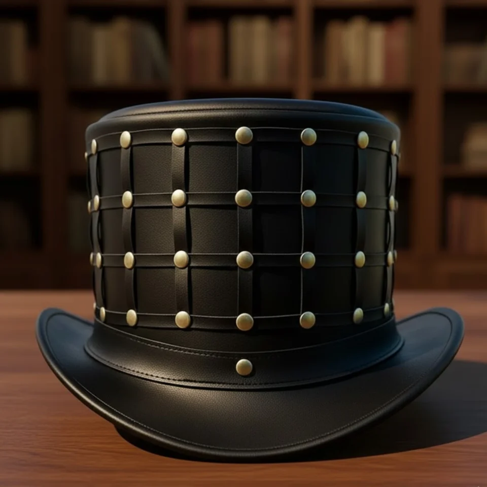 Black Handmade Leather Festival Top Hat Style 006 three quarter view - black costume top hat with structured crown