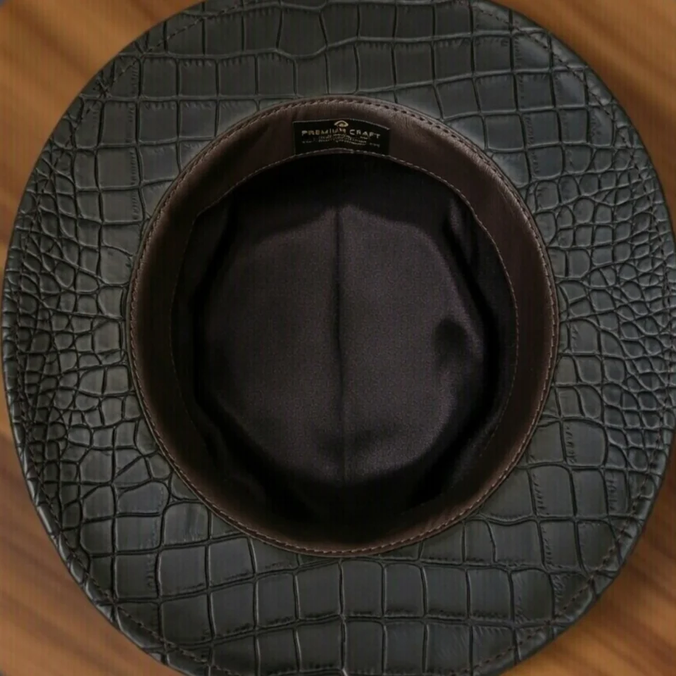 Black Handmade Leather Festival Top Hat Style 042 detail view - black costume top hat with structured crown