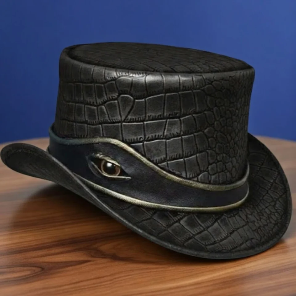 Black Handmade Leather Festival Top Hat Style 042 front view - black costume top hat with structured crown