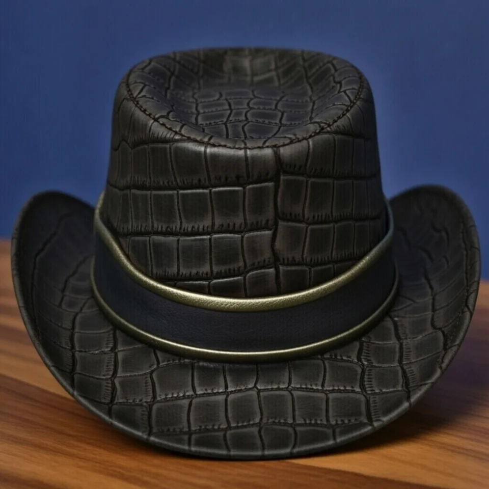 Black Handmade Leather Festival Top Hat Style 042 side view - black costume top hat with structured crown