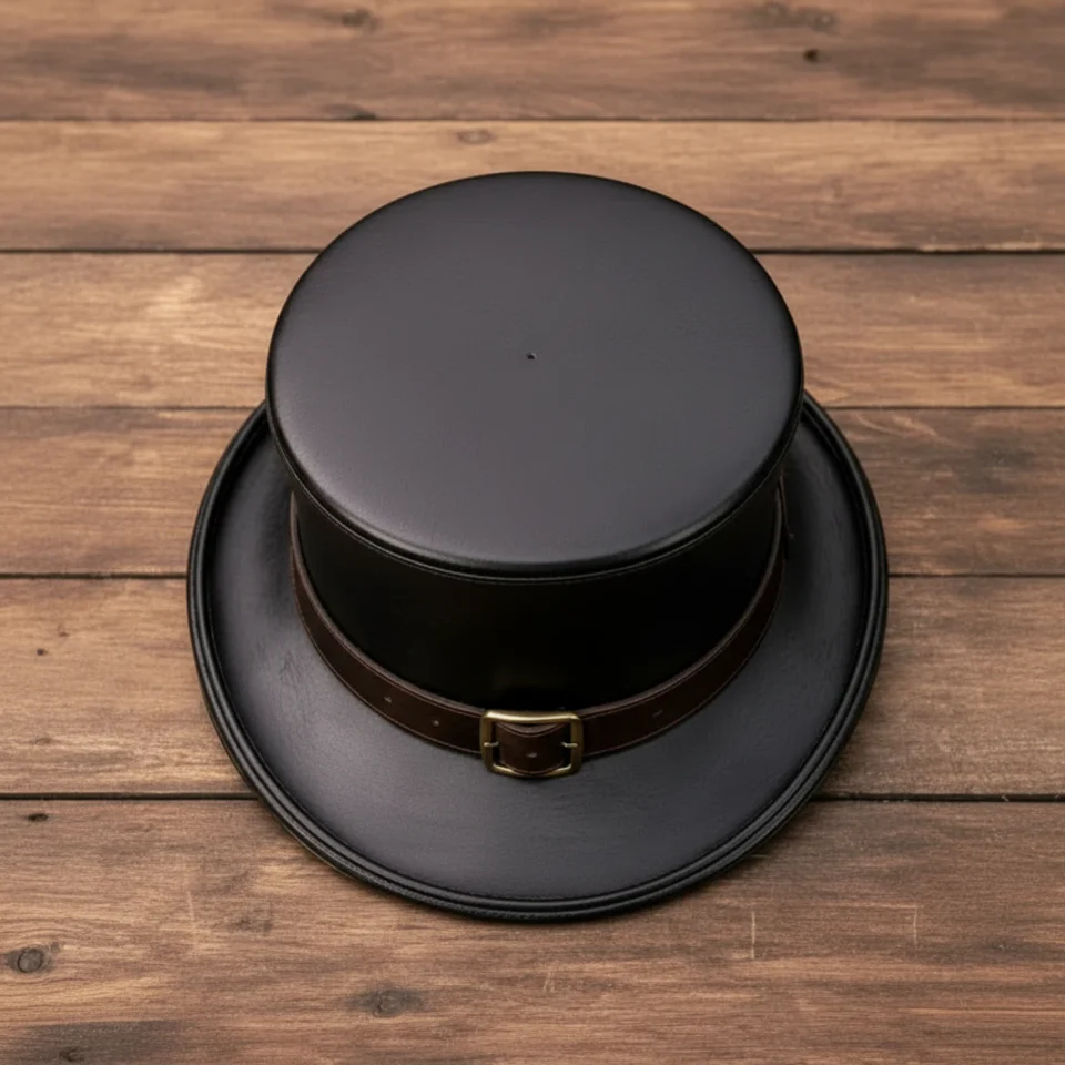 Black Handmade Leather Festival Top Hat Style 060 back view - black costume top hat with structured crown