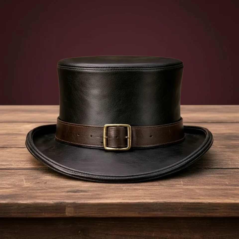 Black Handmade Leather Festival Top Hat Style 060 front view - black costume top hat with structured crown
