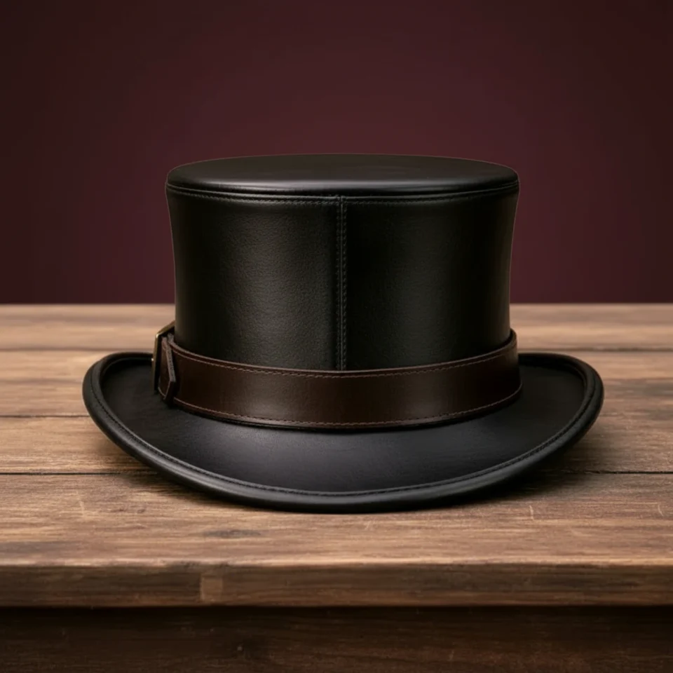 Black Handmade Leather Festival Top Hat Style 060 side view - black costume top hat with structured crown