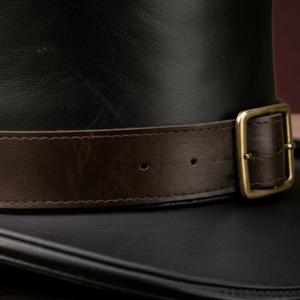 Black Handmade Leather Festival Top Hat Style 060 three quarter view - black costume top hat with structured crown