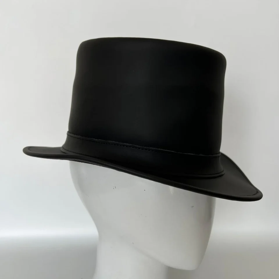 Black Handmade Leather Festival Top Hat Style 063 back view - black costume top hat with structured crown