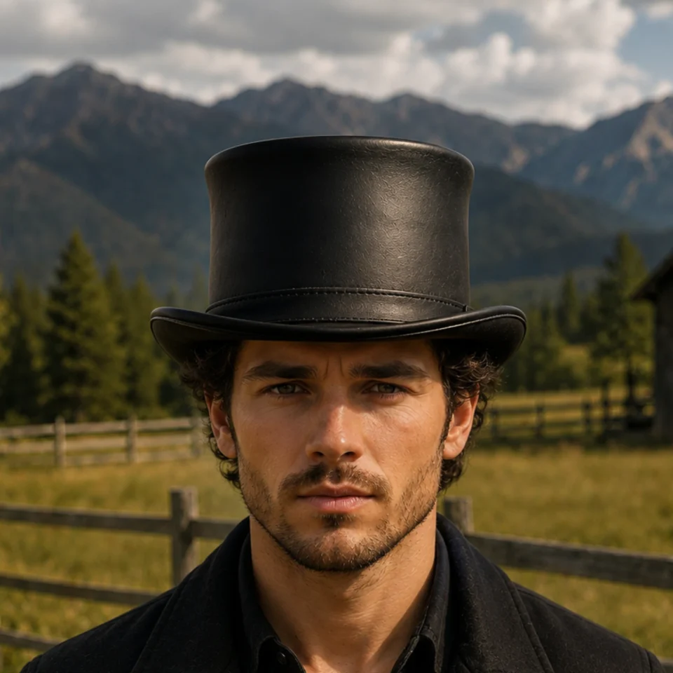 Black Handmade Leather Festival Top Hat Style 063 front view - black costume top hat with structured crown