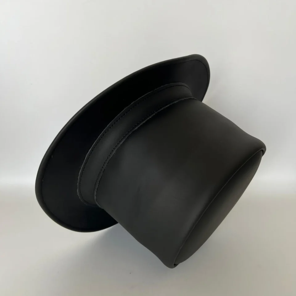 Black Handmade Leather Festival Top Hat Style 063 gallery view 05 - black costume top hat with structured crown