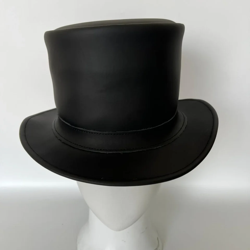 Black Handmade Leather Festival Top Hat Style 063 gallery view 06 - black costume top hat with structured crown
