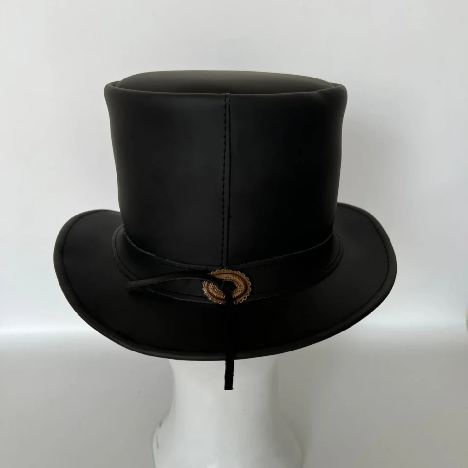 Black Handmade Leather Festival Top Hat Style 063 side view - black costume top hat with structured crown