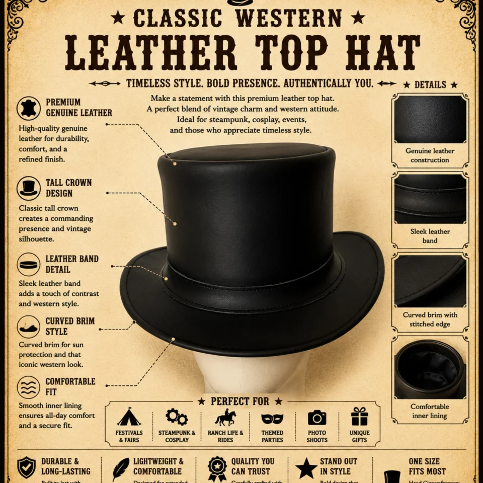 Black Handmade Leather Festival Top Hat Style 063 three quarter view - black costume top hat with structured crown