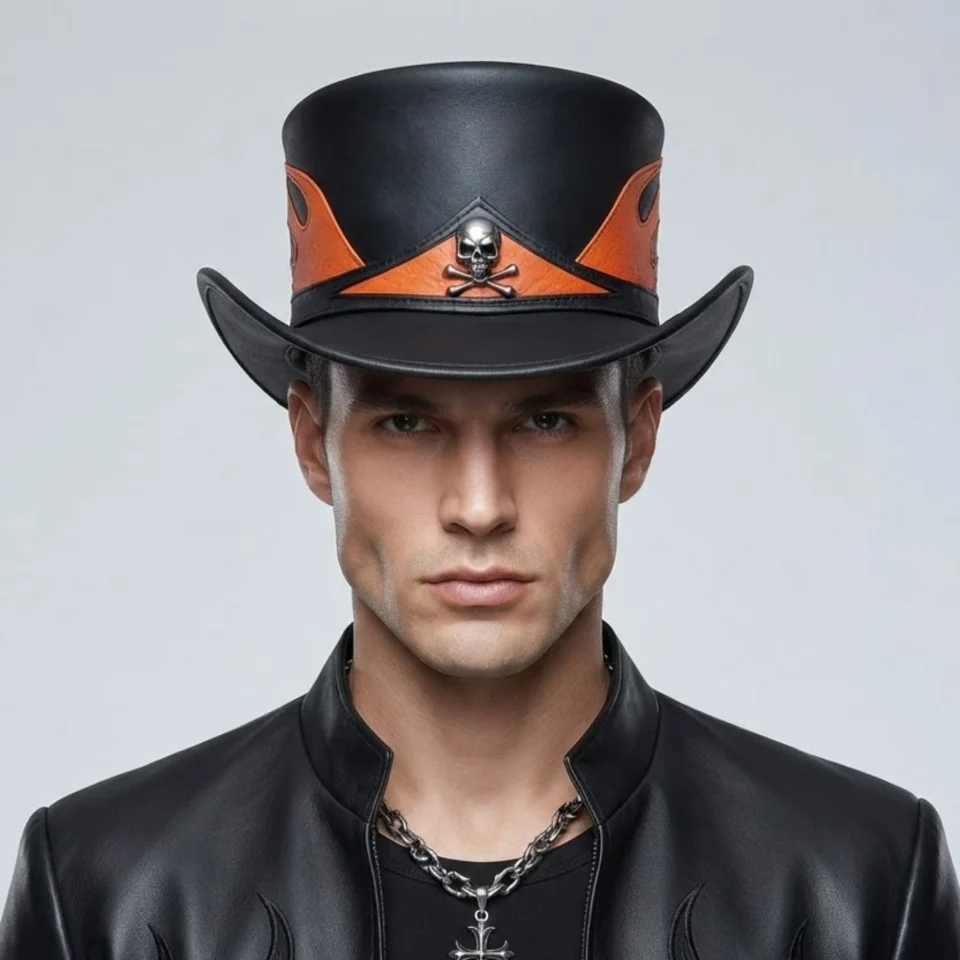 Black Handmade Leather Festival Top Hat Style 075 back view - black costume top hat with structured crown