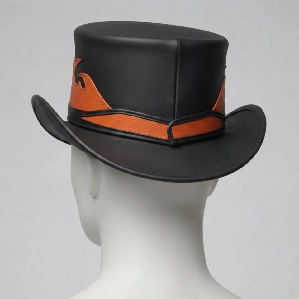 Black Handmade Leather Festival Top Hat Style 075 detail view - black costume top hat with structured crown