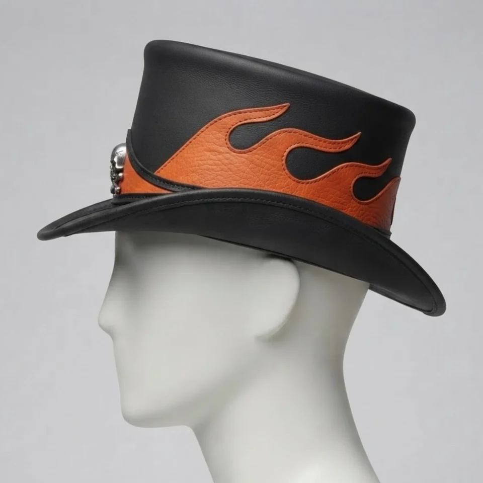 Black Handmade Leather Festival Top Hat Style 075 gallery view 05 - black costume top hat with structured crown