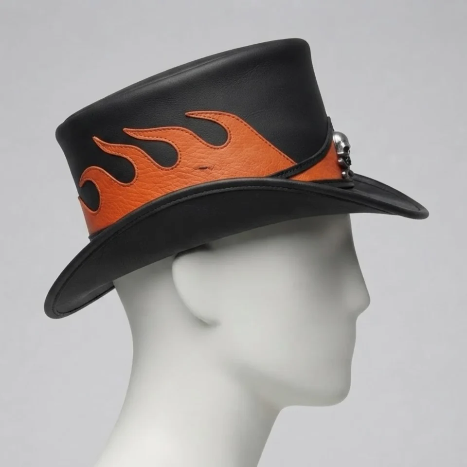 Black Handmade Leather Festival Top Hat Style 075 gallery view 06 - black costume top hat with structured crown