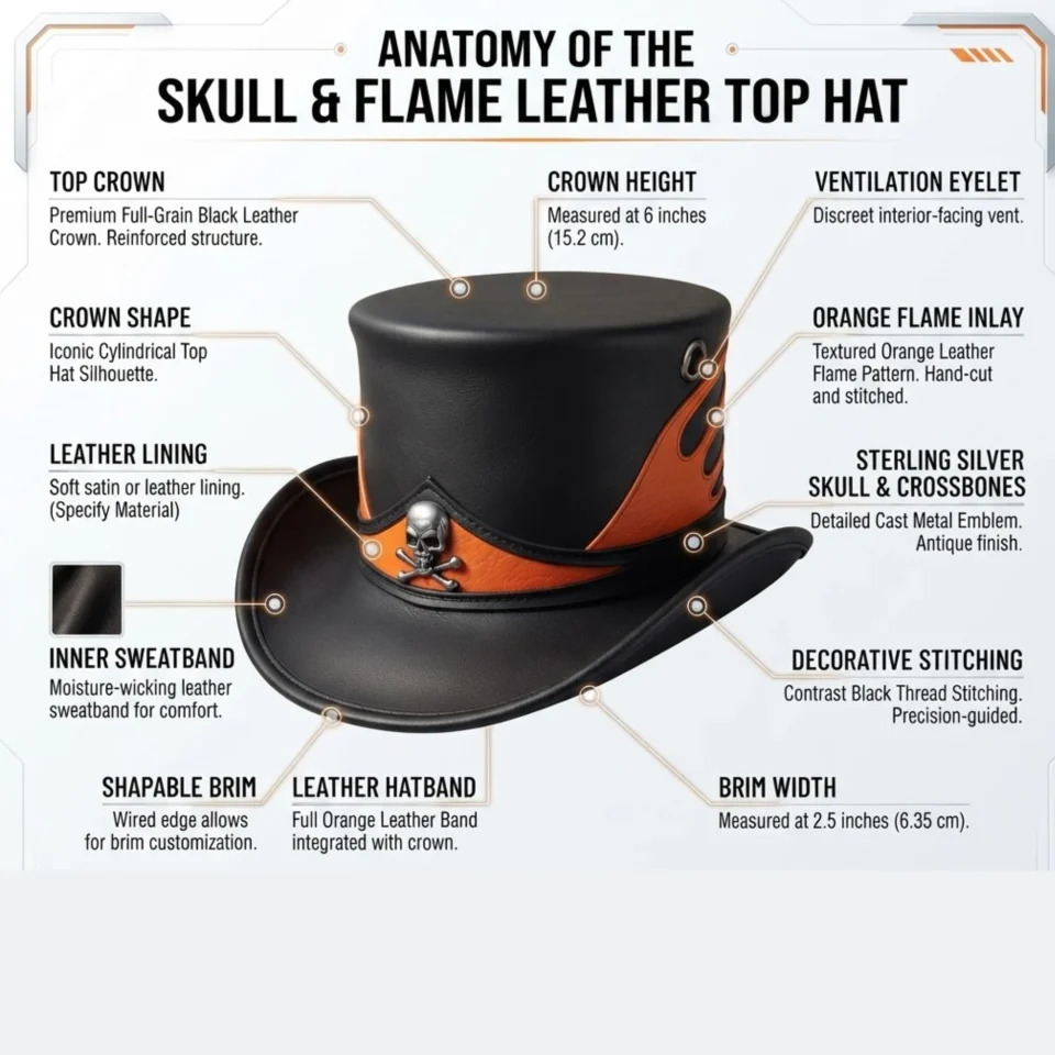 Black Handmade Leather Festival Top Hat Style 075 side view - black costume top hat with structured crown