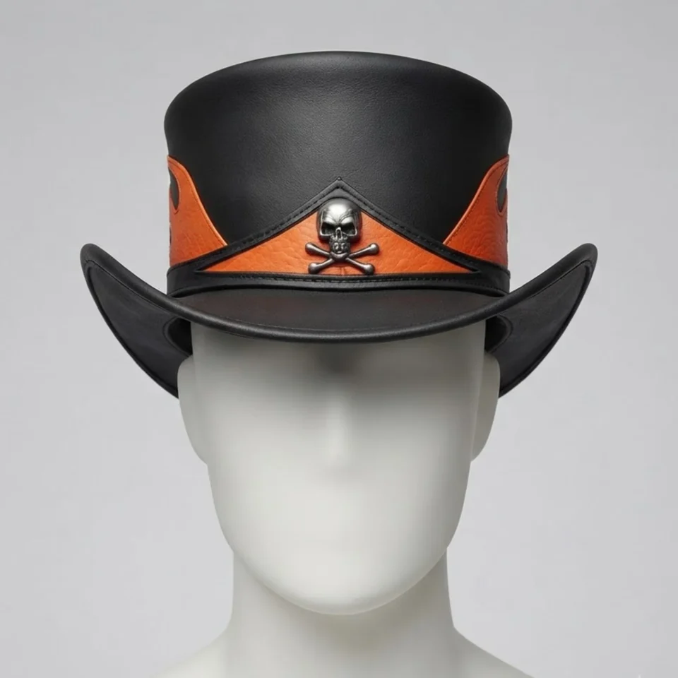 Black Handmade Leather Festival Top Hat Style 075 three quarter view - black costume top hat with structured crown