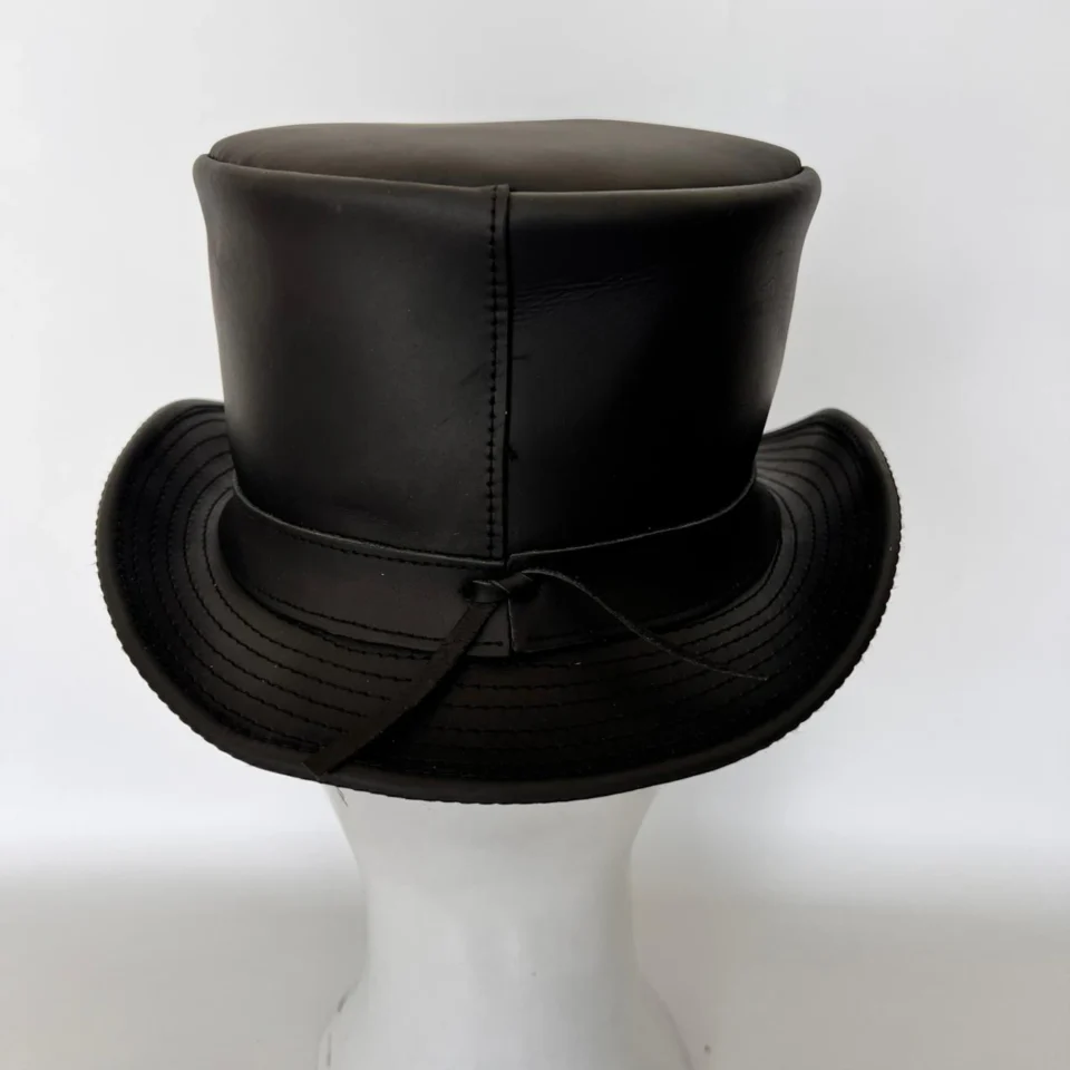 Black Handmade Leather Festival Top Hat Style 090 back view - black costume top hat with structured crown