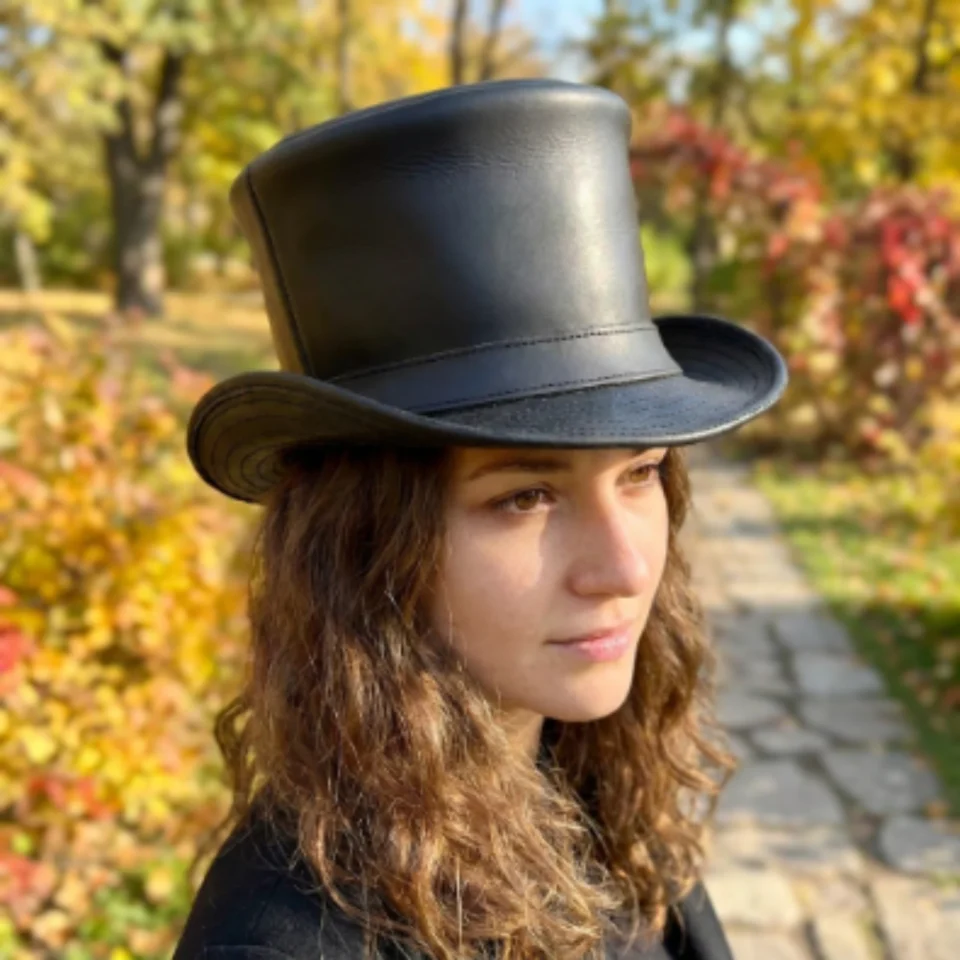 Black Handmade Leather Festival Top Hat Style 090 front view - black costume top hat with structured crown