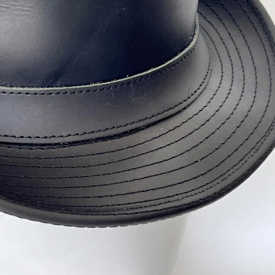 Black Handmade Leather Festival Top Hat Style 090 side view - black costume top hat with structured crown
