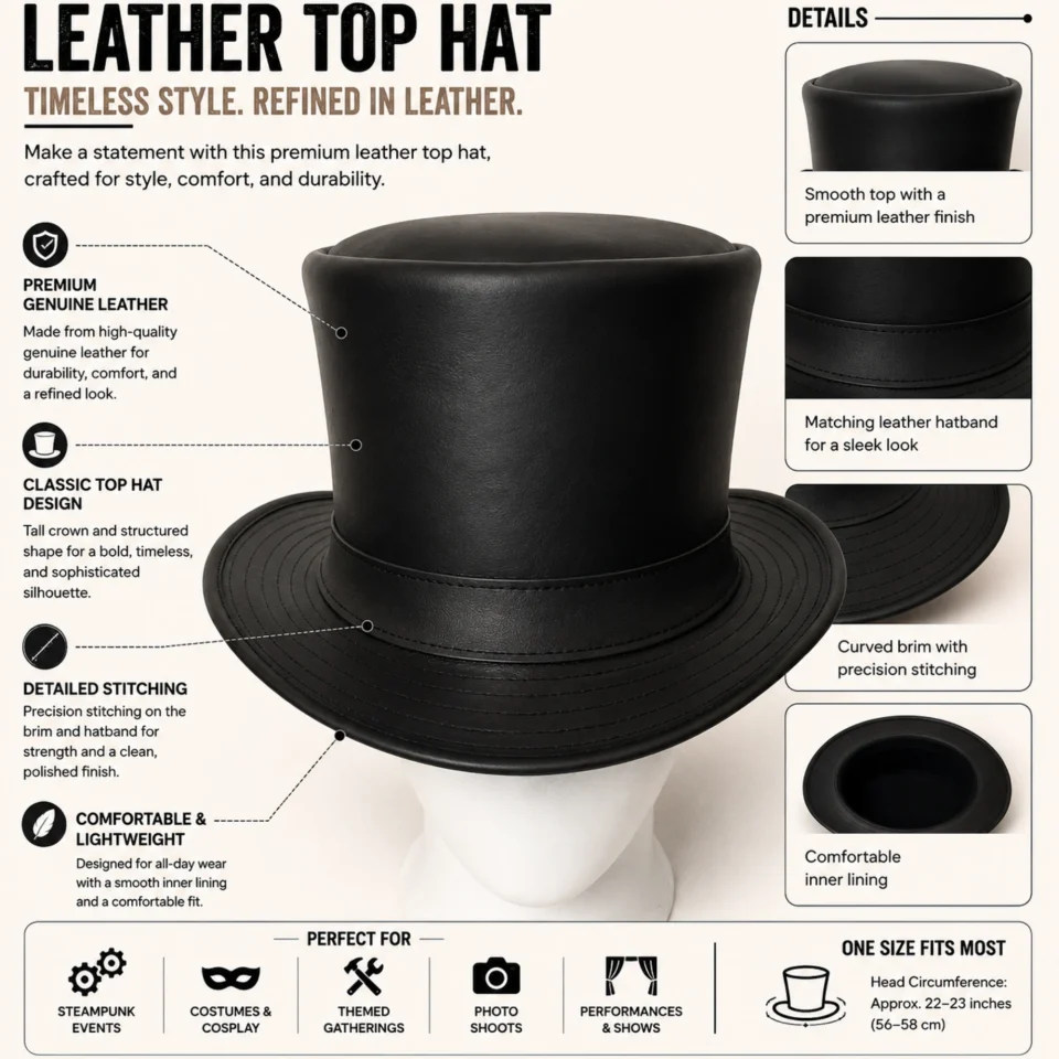 Black Handmade Leather Festival Top Hat Style 090 three quarter view - black costume top hat with structured crown