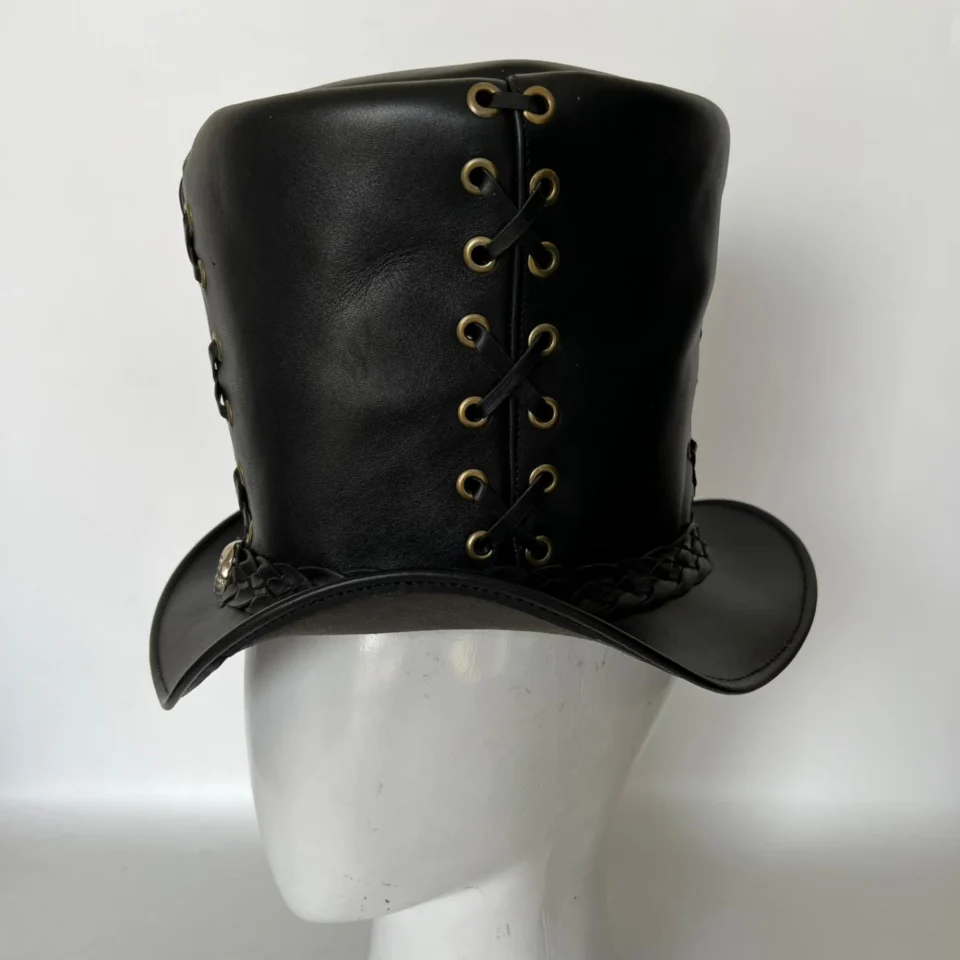 Black Handmade Leather Festival Top Hat Style 096 back view - black costume top hat with structured crown