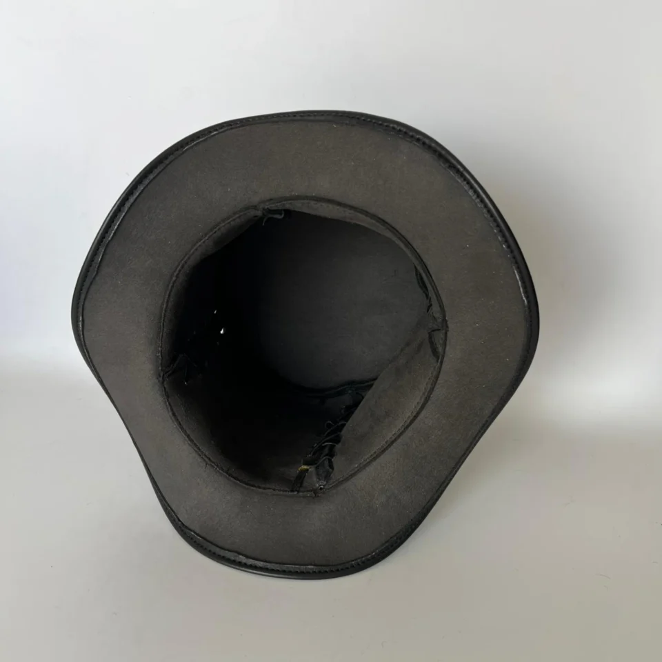 Black Handmade Leather Festival Top Hat Style 096 detail view - black costume top hat with structured crown