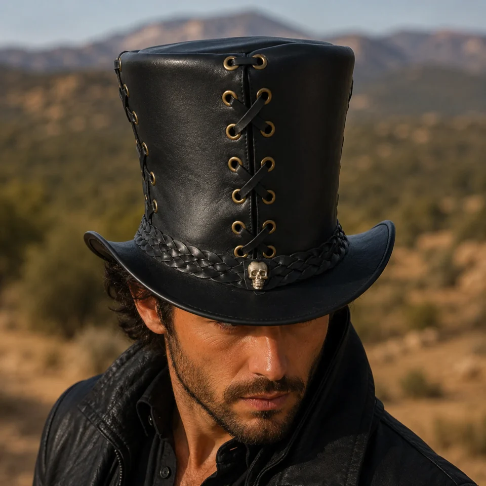 Black Handmade Leather Festival Top Hat Style 096 front view - black costume top hat with structured crown