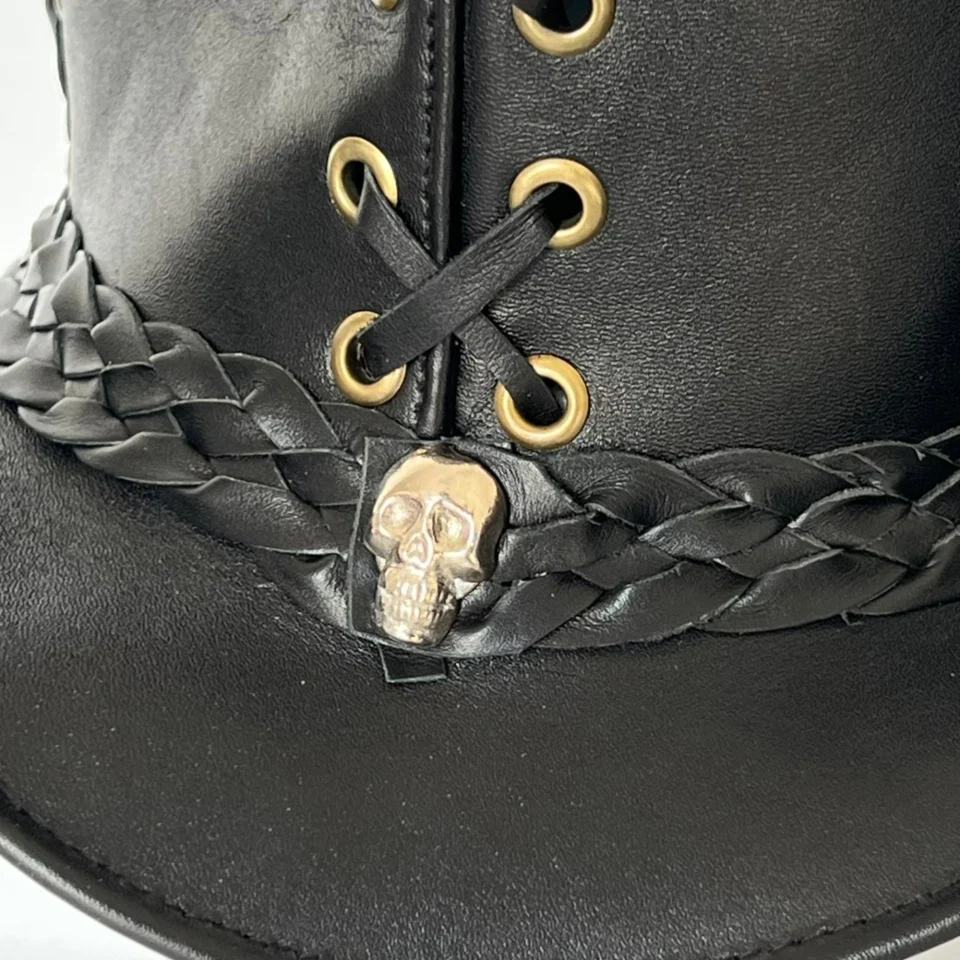 Black Handmade Leather Festival Top Hat Style 096 gallery view 06 - black costume top hat with structured crown