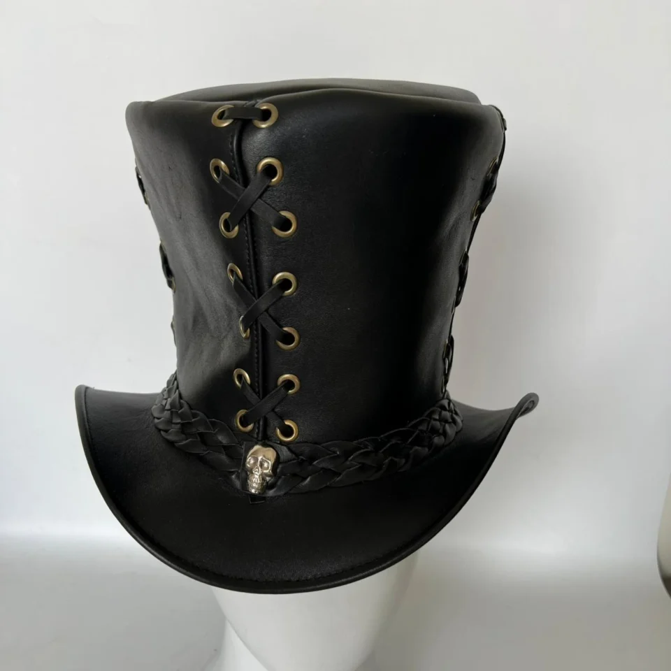 Black Handmade Leather Festival Top Hat Style 096 gallery view 07 - black costume top hat with structured crown
