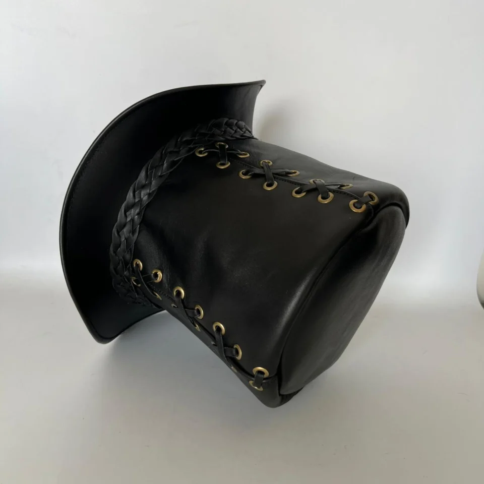 Black Handmade Leather Festival Top Hat Style 096 gallery view 08 - black costume top hat with structured crown