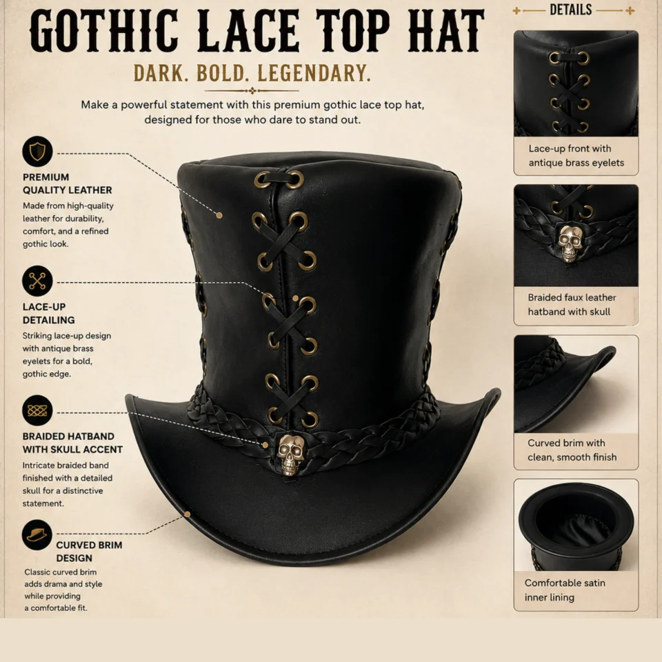 Black Handmade Leather Festival Top Hat Style 096 three quarter view - black costume top hat with structured crown