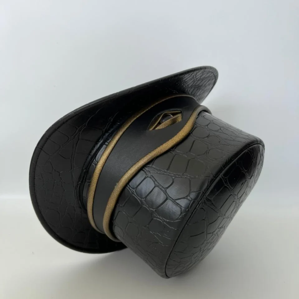 Black Handmade Leather Festival Top Hat Style 108 back view - black costume top hat with structured crown