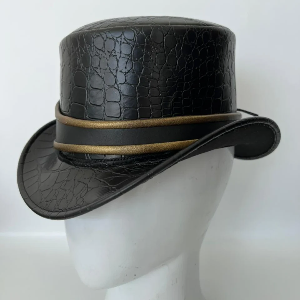 Black Handmade Leather Festival Top Hat Style 108 detail view - black costume top hat with structured crown