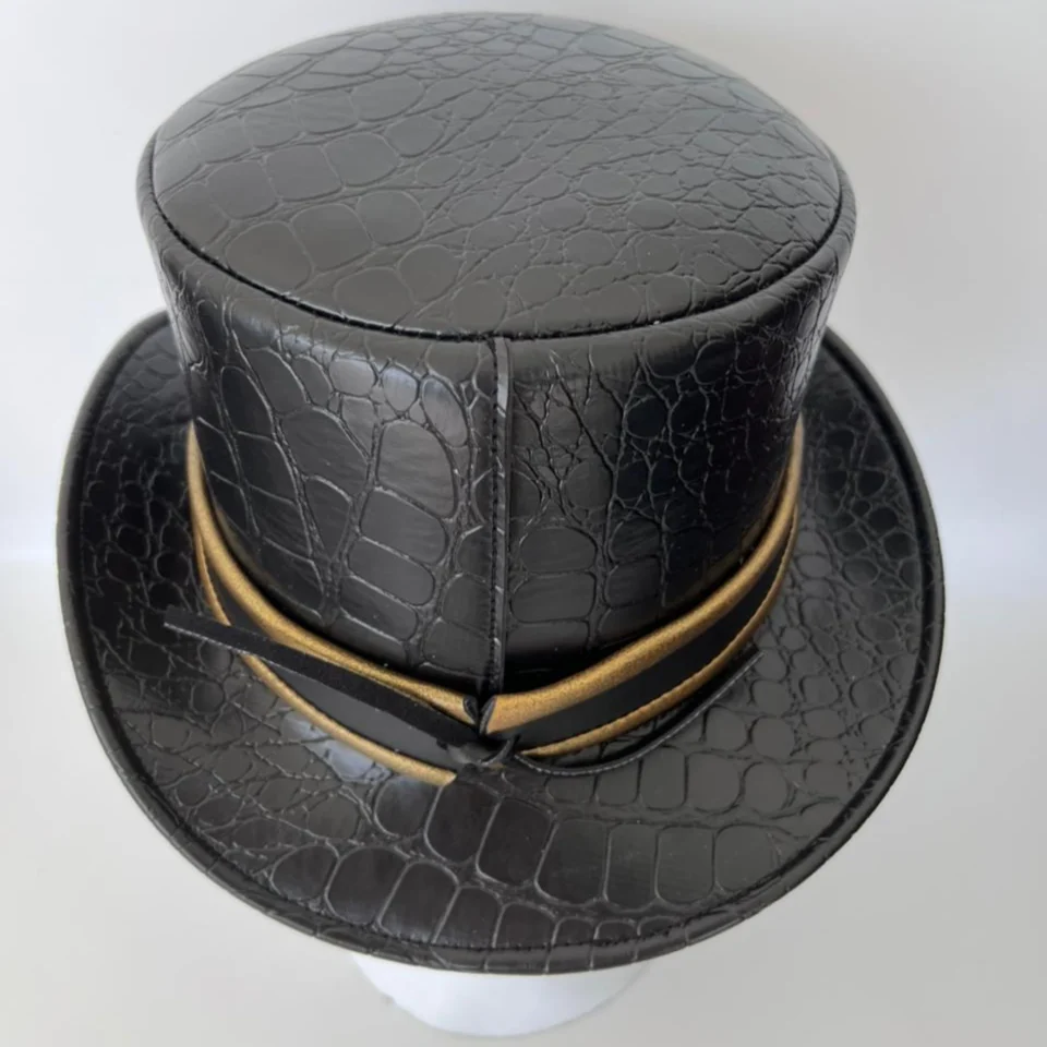 Black Handmade Leather Festival Top Hat Style 108 gallery view 06 - black costume top hat with structured crown