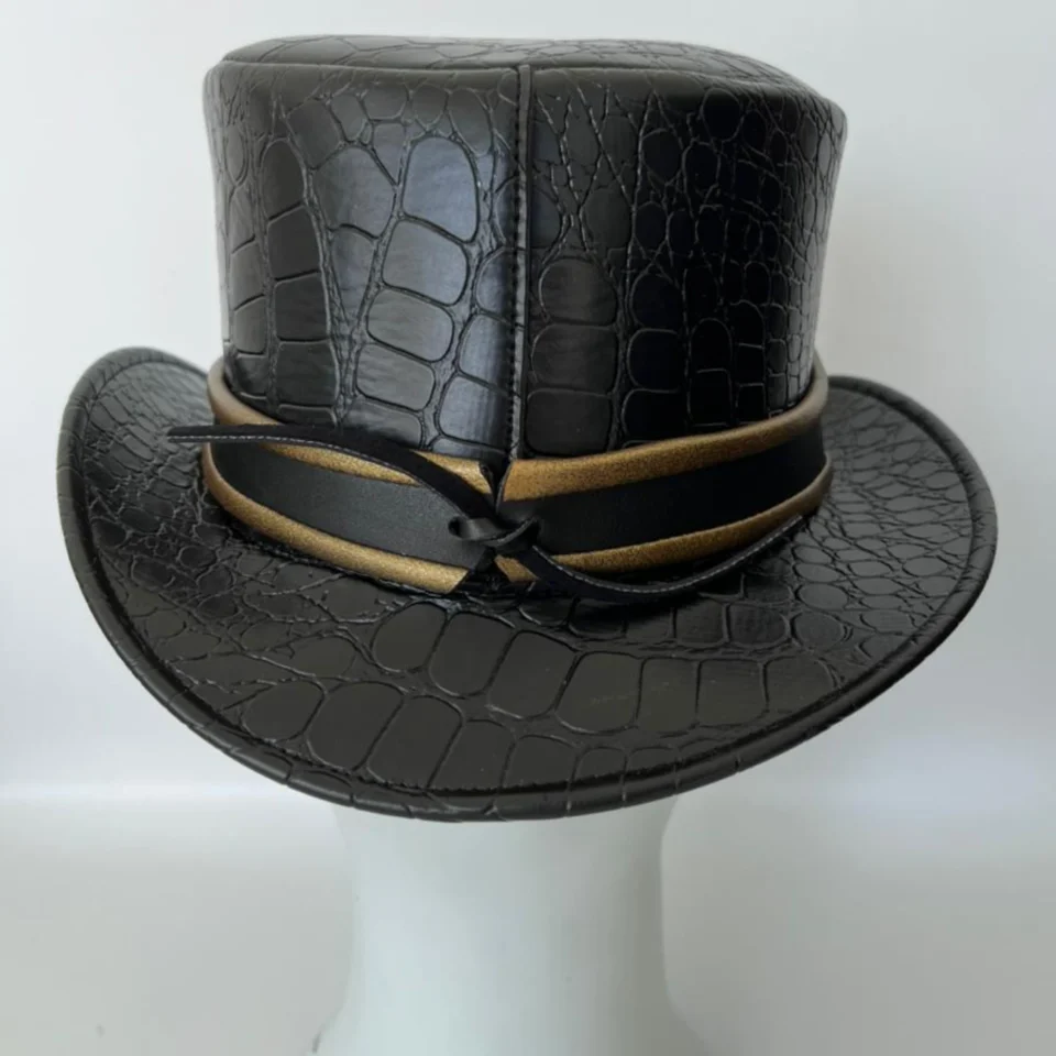 Black Handmade Leather Festival Top Hat Style 108 gallery view 07 - black costume top hat with structured crown