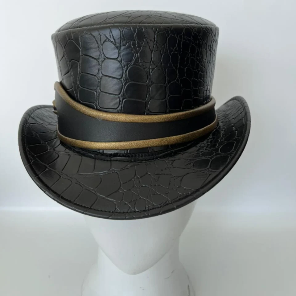 Black Handmade Leather Festival Top Hat Style 108 side view - black costume top hat with structured crown