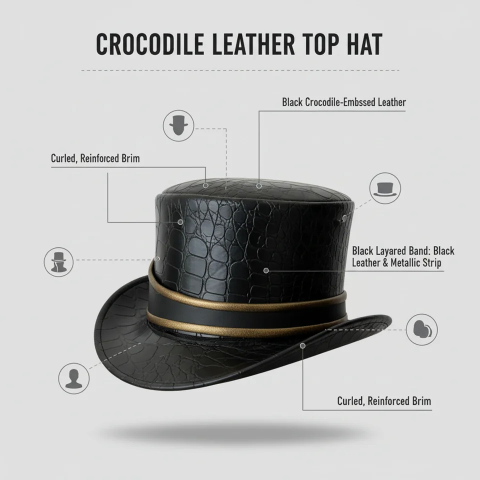 Black Handmade Leather Festival Top Hat Style 108 three quarter view - black costume top hat with structured crown