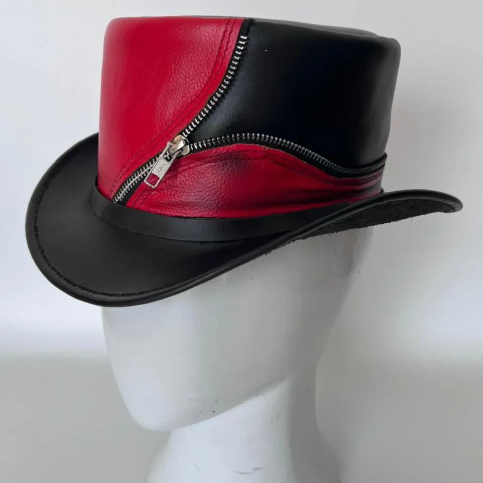 Black Handmade Leather Festival Top Hat Style 129 back view - black costume top hat with structured crown