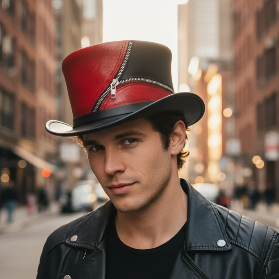 Black Handmade Leather Festival Top Hat Style 129 front view - black costume top hat with structured crown