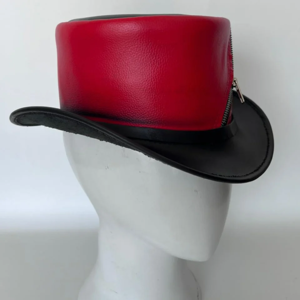 Black Handmade Leather Festival Top Hat Style 129 gallery view 05 - black costume top hat with structured crown