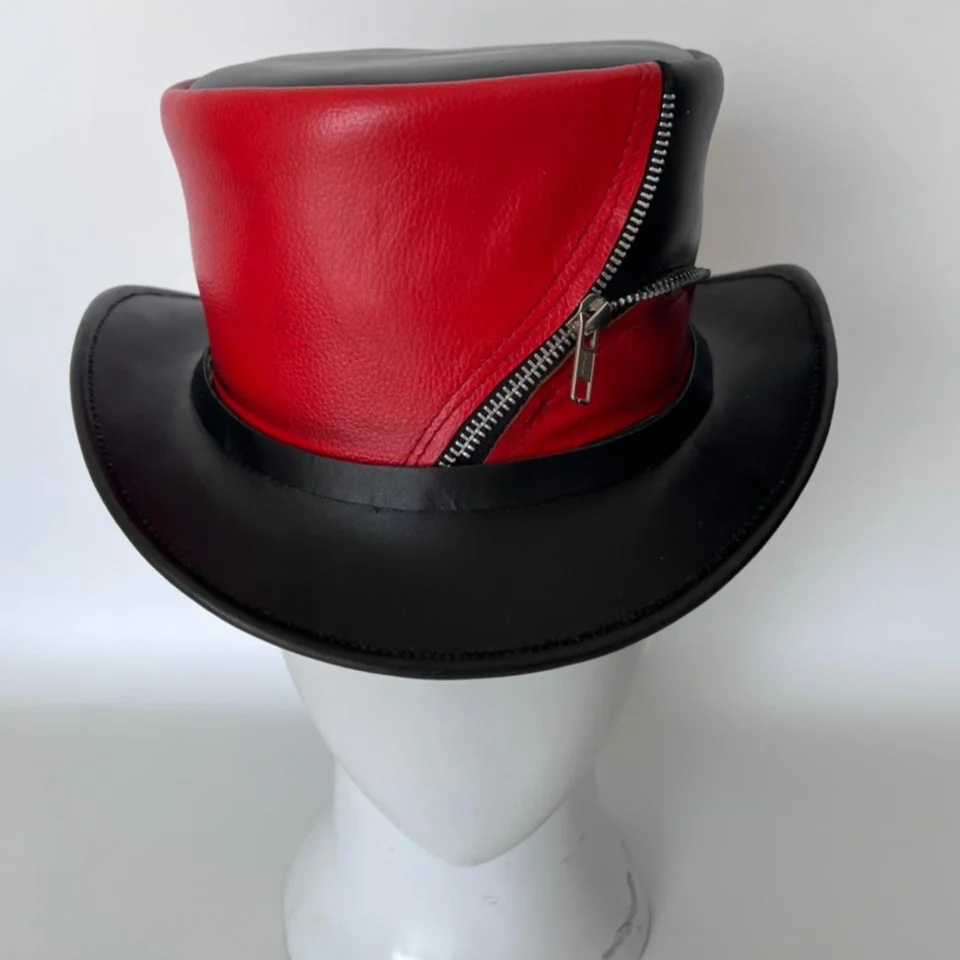 Black Handmade Leather Festival Top Hat Style 129 gallery view 06 - black costume top hat with structured crown
