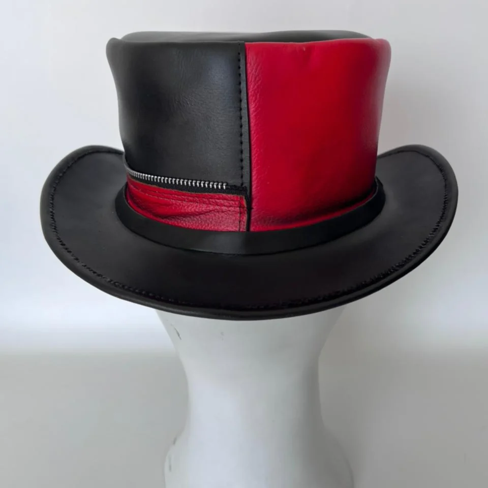 Black Handmade Leather Festival Top Hat Style 129 side view - black costume top hat with structured crown