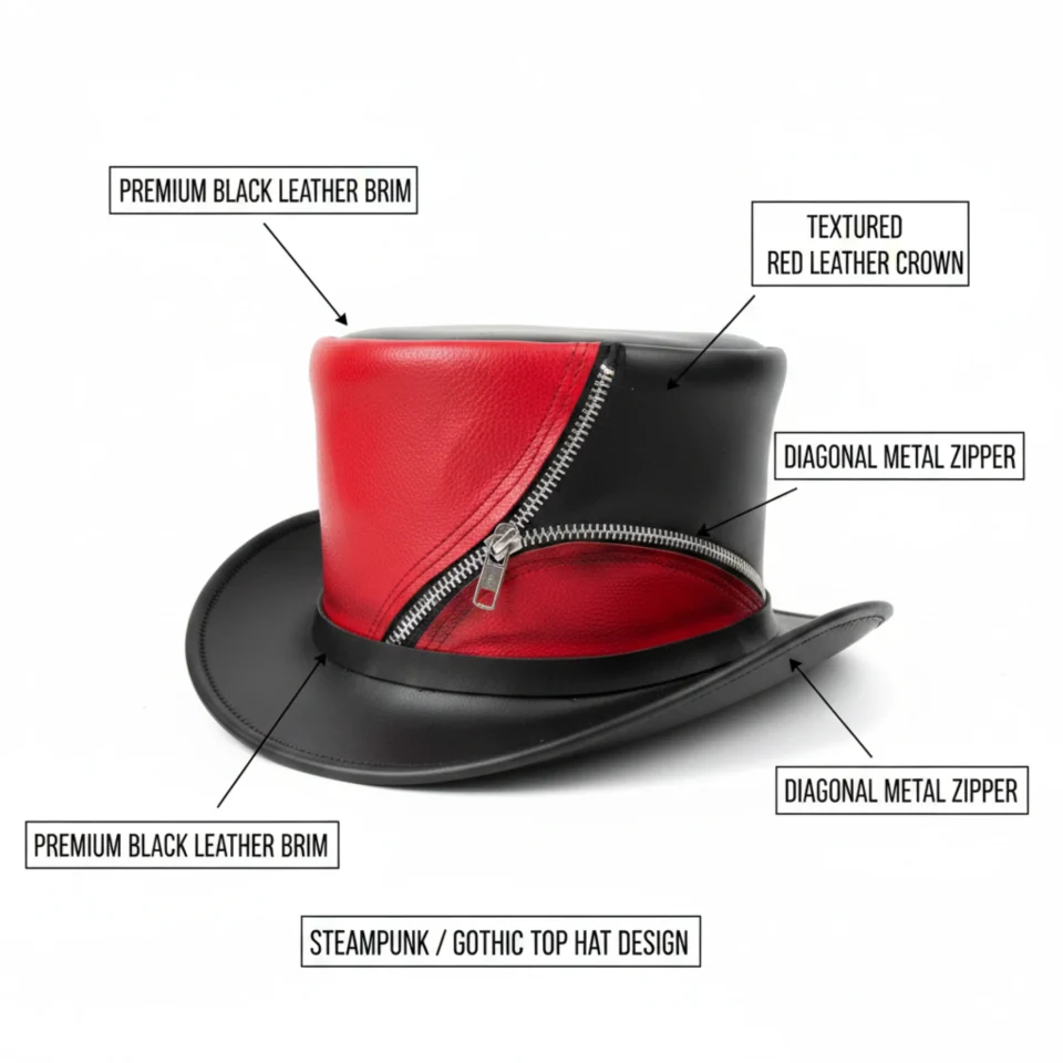 Black Handmade Leather Festival Top Hat Style 129 three quarter view - black costume top hat with structured crown
