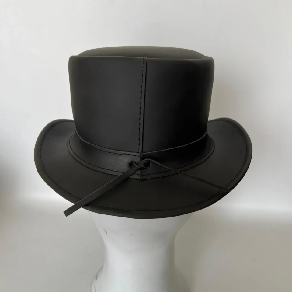 Black Handmade Leather Festival Top Hat Style 156 back view - black costume top hat with structured crown