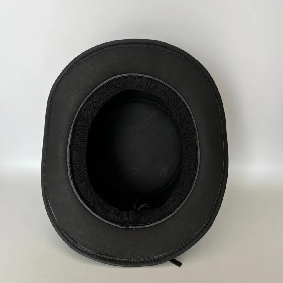 Black Handmade Leather Festival Top Hat Style 156 detail view - black costume top hat with structured crown