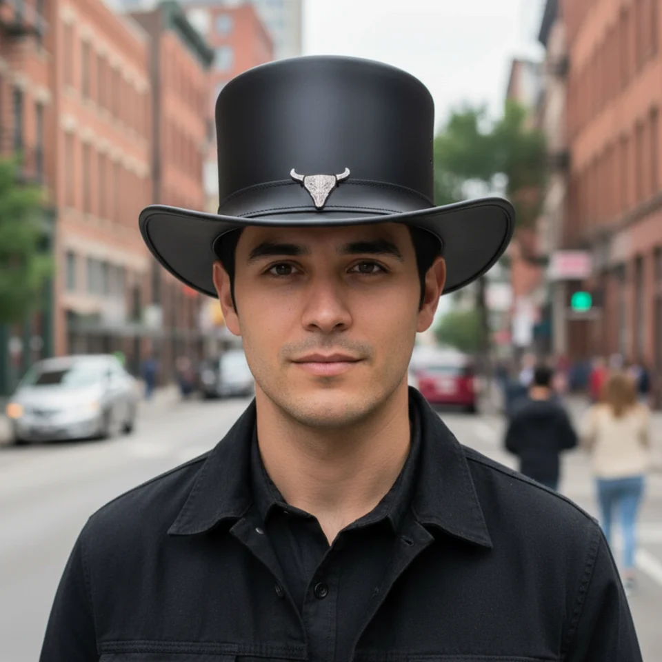 Black Handmade Leather Festival Top Hat Style 156 front view - black costume top hat with structured crown